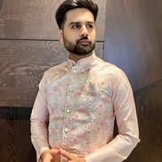 Peach Pure Cotton Mens Kurta Pyjama with Vibrant Jacquard Work & Stylish Koti Festive Ethnic Wear - Buy