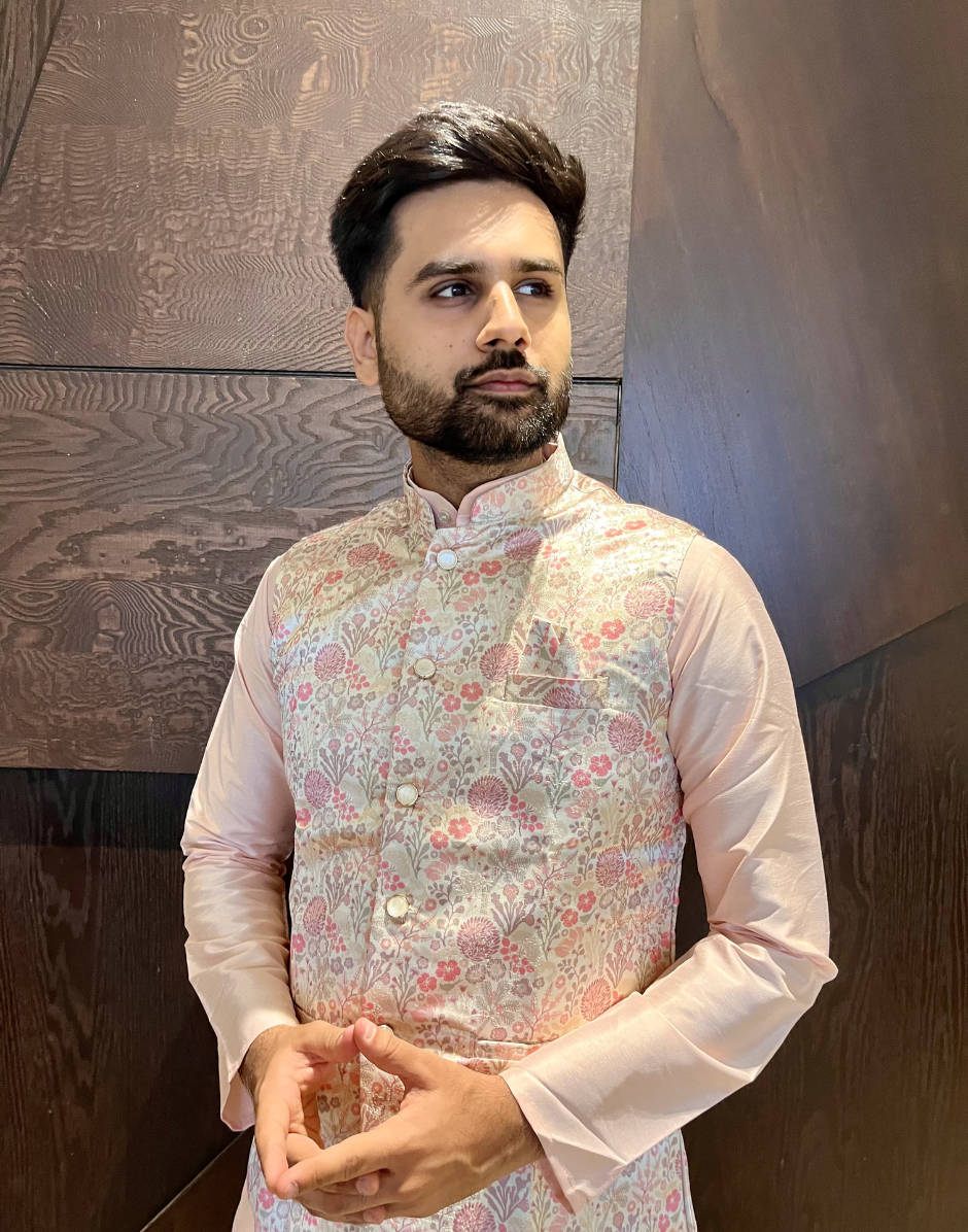 Peach Pure Cotton Mens Kurta Pyjama with Vibrant Jacquard Work & Stylish Koti Festive Ethnic Wear - Buy