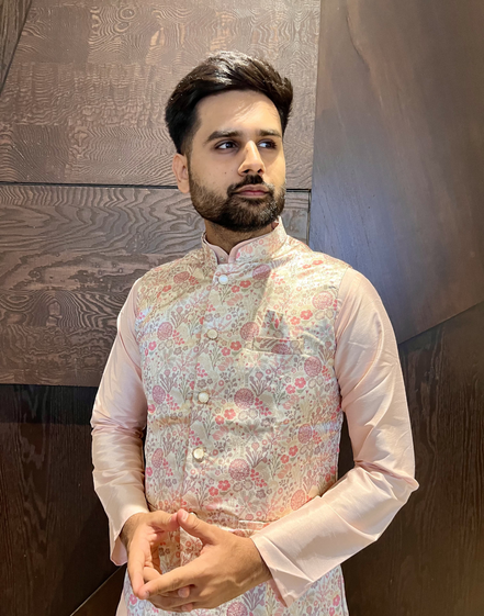 Peach Pure Cotton Mens Kurta Pyjama with Vibrant Jacquard Work & Stylish Koti Festive Ethnic Wear - Buy