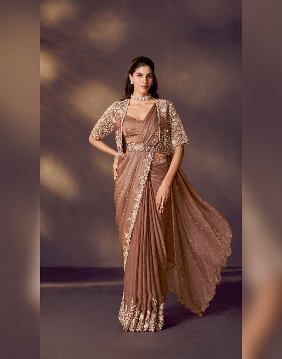 Brown Pre-Stitched Saree with Jacket Set