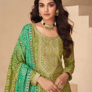 Green Chinnon Silk Embroidered Palazzo Set with Dupatta - Buy