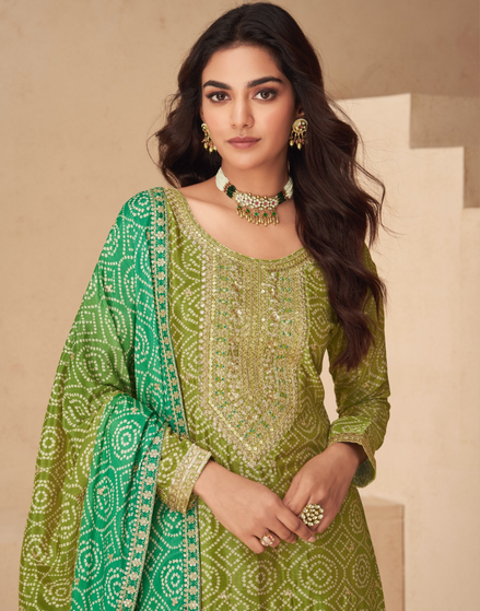 Green Chinnon Silk Embroidered Palazzo Set with Dupatta - Buy