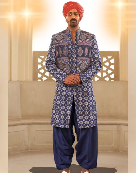 Classy Navy Foil Print Kurta Pyjama for Men Premium Art Silk Ethnic Set - Buy
