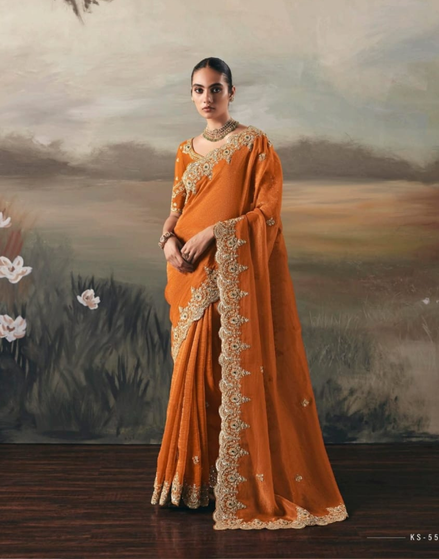 Orange Pure Tissue Silk Saree with Designer Contrast Hand Work Blouse