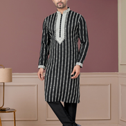Stylish Black Kurta Pajama with White Thread Embroidery for Men Elegant Festive Wear - Buy