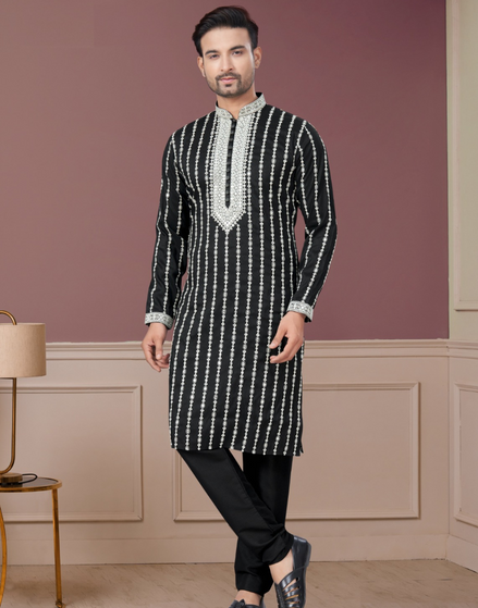 Stylish Black Kurta Pajama with White Thread Embroidery for Men Elegant Festive Wear - Buy