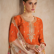 Embroidered Orange Chinnon Silk Anarkali Suit Paired with Printed Floral Dupatta - Buy