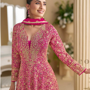 Festive Pink Georgette Gown with Intricate Swarovski & Zarkan Embroidery Dupatta Included - Buy