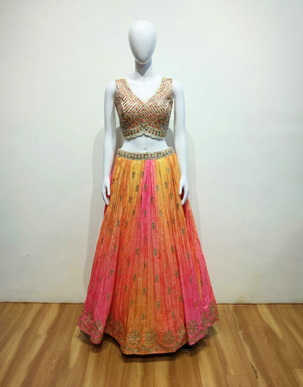 Exclusive Mustard Pink Silk Lehenga with Print & Embroidery Work - Buy