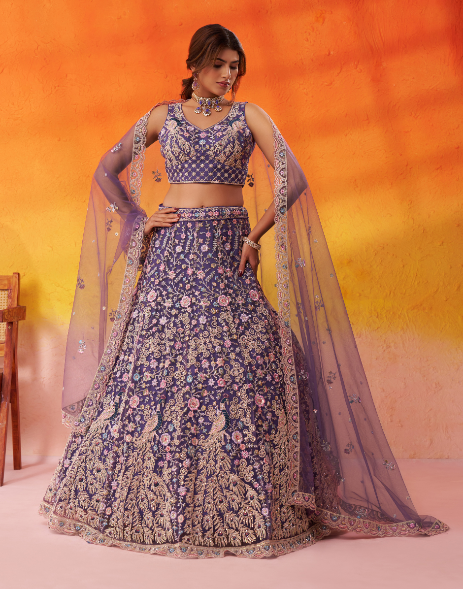 Premium Net Fabric Sequins Embroidery Lehenga & Blouse with Dupatta - Buy
