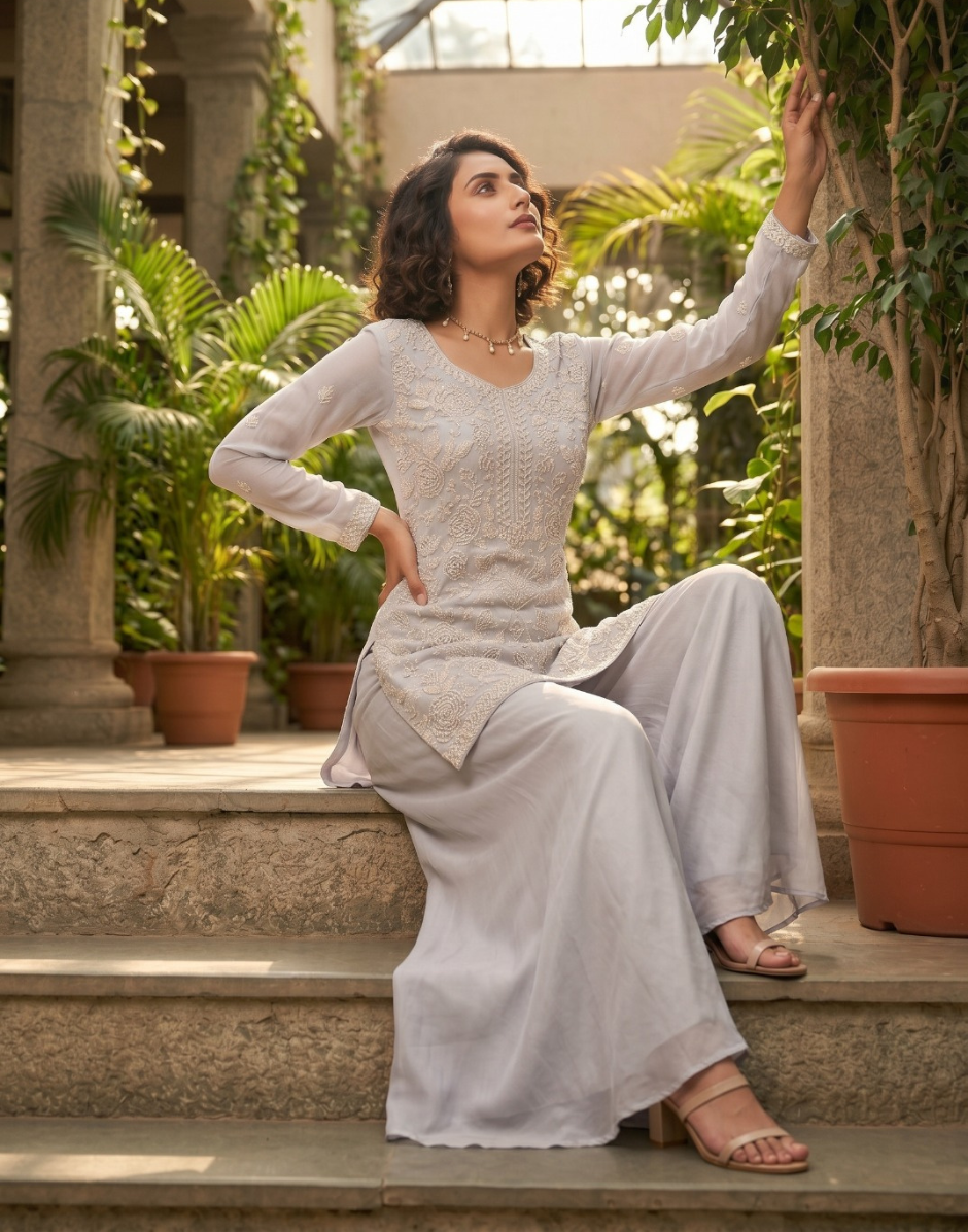 Grey Chiffon Palazzo Suit for Wedding Guest
