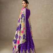 Women’s Embroidered Purple Chinnon Anarkali Outfit with Vibrant Floral Dupatta - Buy
