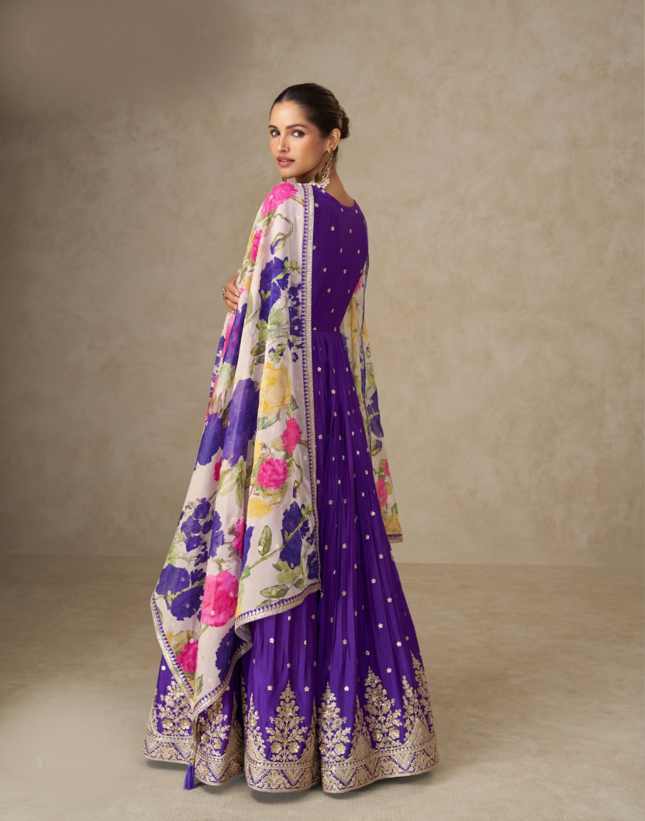 Women’s Embroidered Purple Chinnon Anarkali Outfit with Vibrant Floral Dupatta - Buy