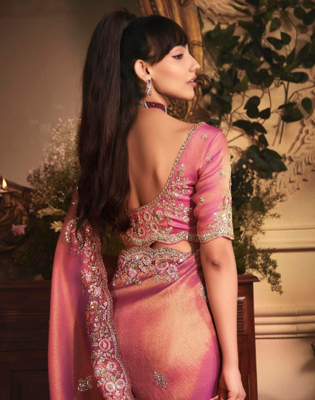 Glamorous Pink Organza Saree with All Over Butta Design & Heavy Embroidered Stone Border - Buy