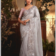 Premium Silver Organza Saree Heavy Stone Work Border with Elegant Designer Butti - Buy