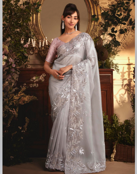 Premium Silver Organza Saree Heavy Stone Work Border with Elegant Designer Butti - Buy