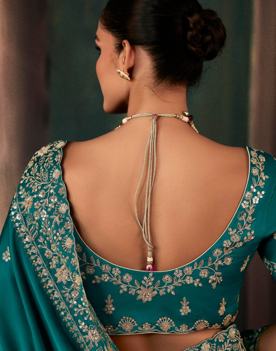 Opulent Emerald Green Saree Exquisite Handwork & Aari Motifs with Matching Blouse - Buy