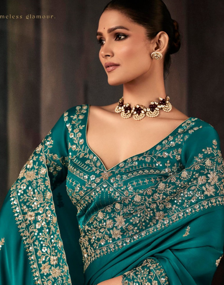 Opulent Emerald Green Saree Exquisite Handwork & Aari Motifs with Matching Blouse - Buy