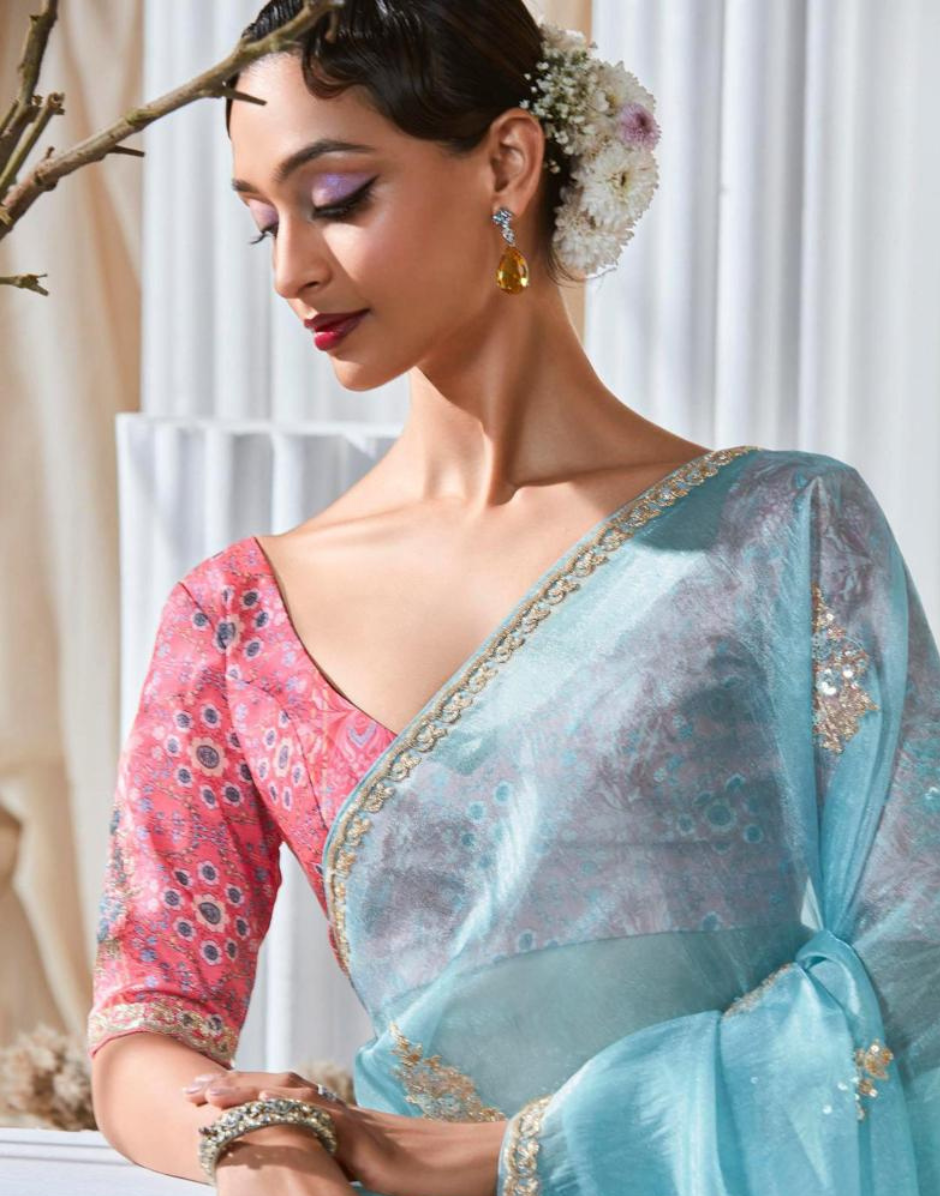 Graceful Embroidered & Embellished Saree with Printed Blouse Elegant Ethnic Ensemble - Buy