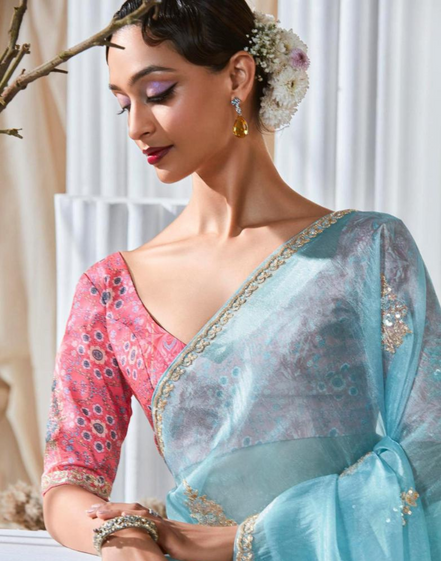 Graceful Embroidered & Embellished Saree with Printed Blouse Elegant Ethnic Ensemble - Buy