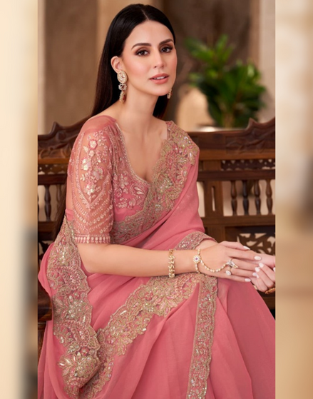 Peach Georgette Saree with Georgette Work Blouse Elegant Ethnic Ensemble - Buy