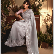 Premium Silver Organza Saree Heavy Stone Work Border with Elegant Designer Butti - Buy