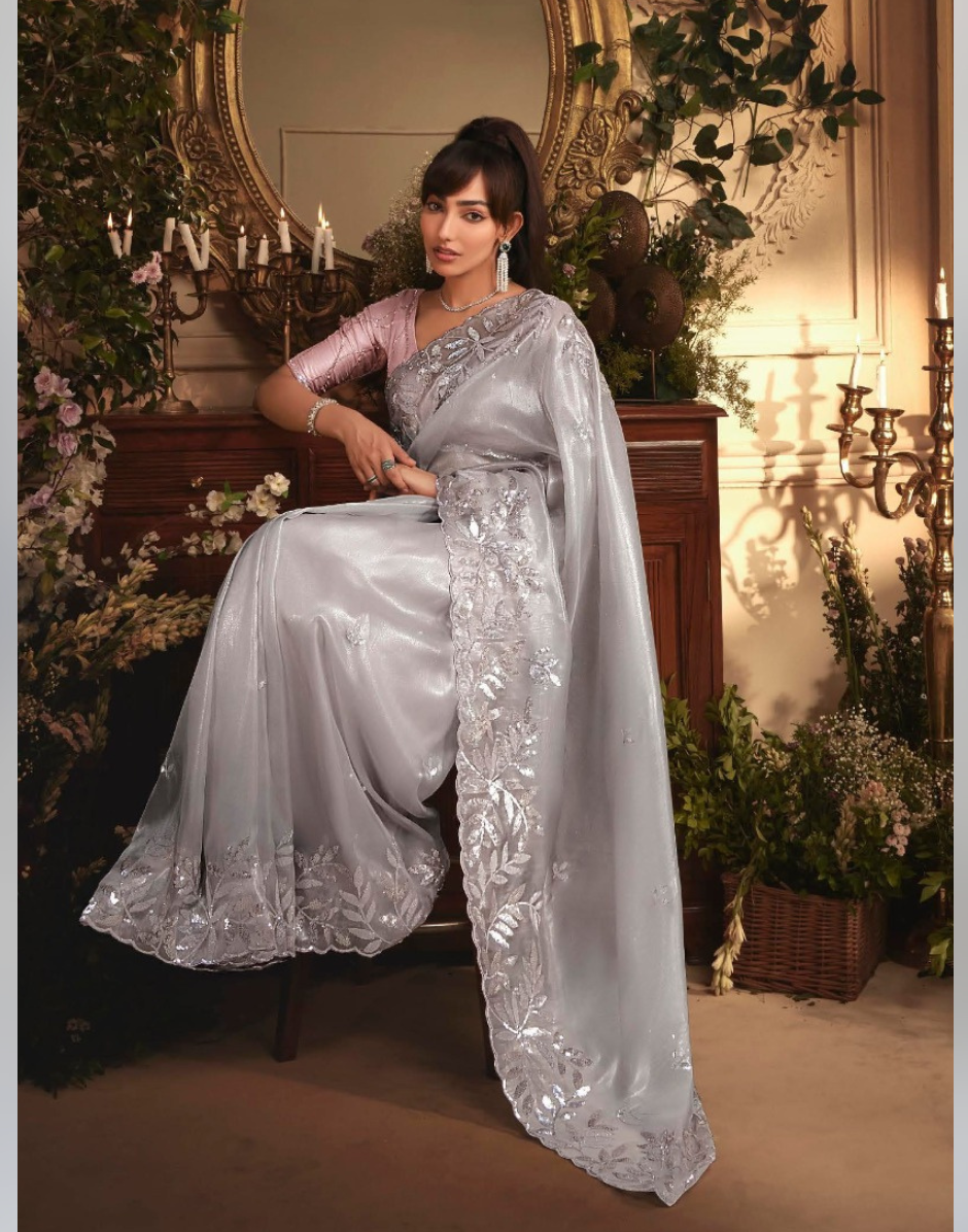 Premium Silver Organza Saree Heavy Stone Work Border with Elegant Designer Butti - Buy