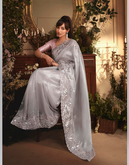 Premium Silver Organza Saree Heavy Stone Work Border with Elegant Designer Butti - Buy