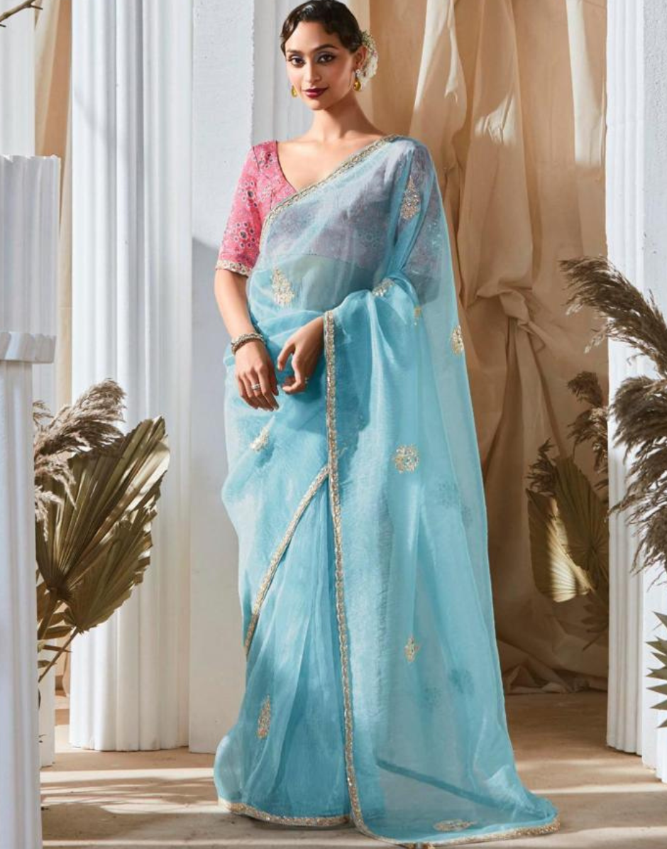 Graceful Embroidered & Embellished Saree with Printed Blouse Elegant Ethnic Ensemble - Buy