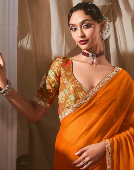 Stylish Lace Saree with Intricate Embroidery and Printed Blouse Bold & Beautiful - Buy