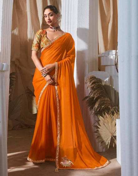 Stylish Lace Saree with Intricate Embroidery and Printed Blouse Bold & Beautiful - Buy