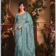 Luxury Sky Blue Organza Saree with Handcrafted Stone Border and Detailed Butta Embroidery - Buy