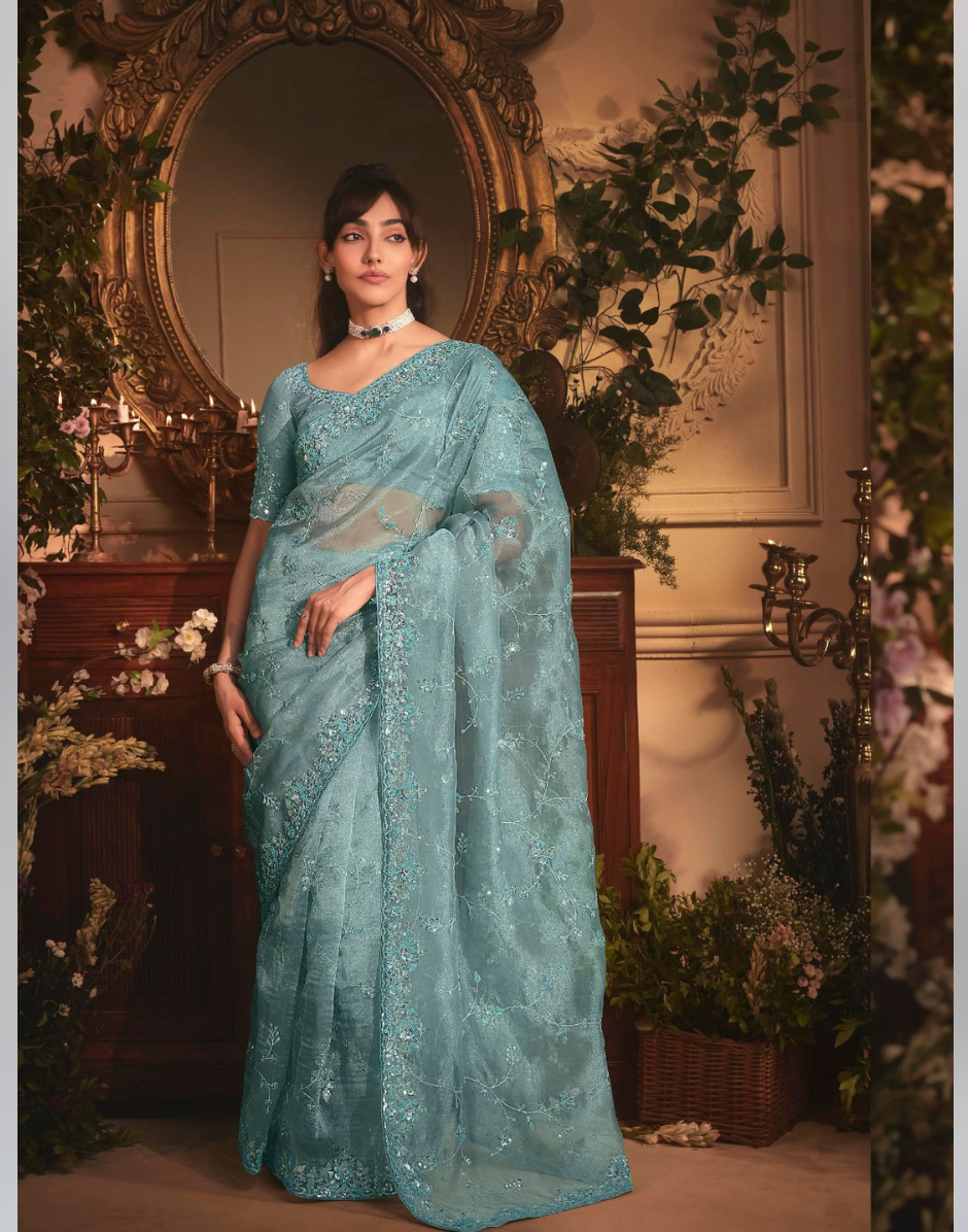 Luxury Sky Blue Organza Saree with Handcrafted Stone Border and Detailed Butta Embroidery - Buy