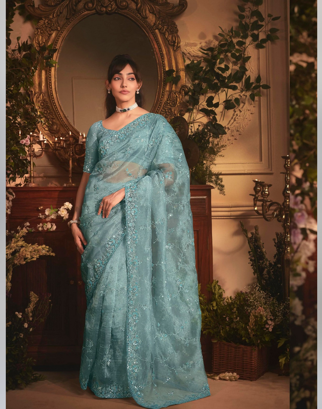 Luxury Sky Blue Organza Saree with Handcrafted Stone Border and Detailed Butta Embroidery - Buy