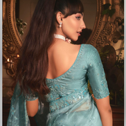 Luxury Sky Blue Organza Saree with Handcrafted Stone Border and Detailed Butta Embroidery - Buy
