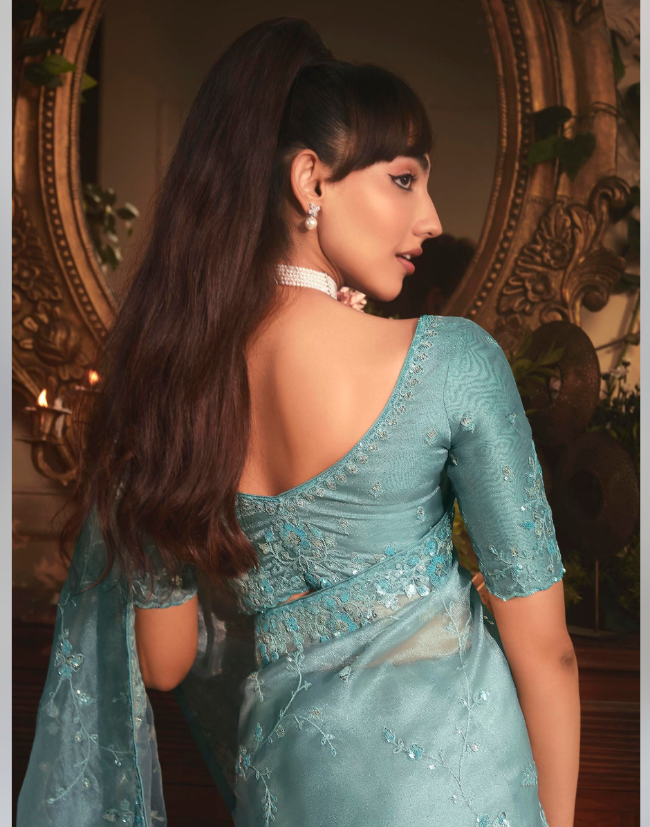 Luxury Sky Blue Organza Saree with Handcrafted Stone Border and Detailed Butta Embroidery - Buy