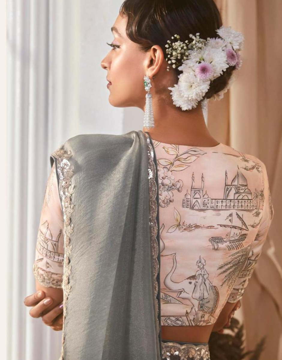 Graceful Embroidered Saree with Printed Blouse Dual-Tone Floral Elegance - Buy
