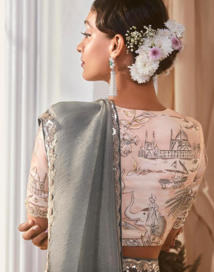 Graceful Embroidered Saree with Printed Blouse Dual-Tone Floral Elegance - Buy