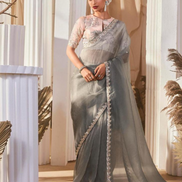 Graceful Embroidered Saree with Printed Blouse Dual-Tone Floral Elegance - Buy