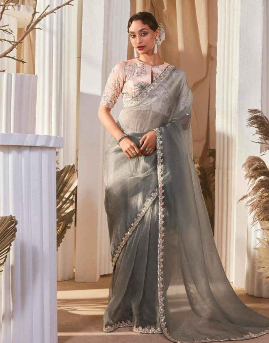 Graceful Embroidered Saree with Printed Blouse Dual-Tone Floral Elegance - Buy