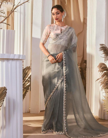 Graceful Embroidered Saree with Printed Blouse Dual-Tone Floral Elegance - Buy