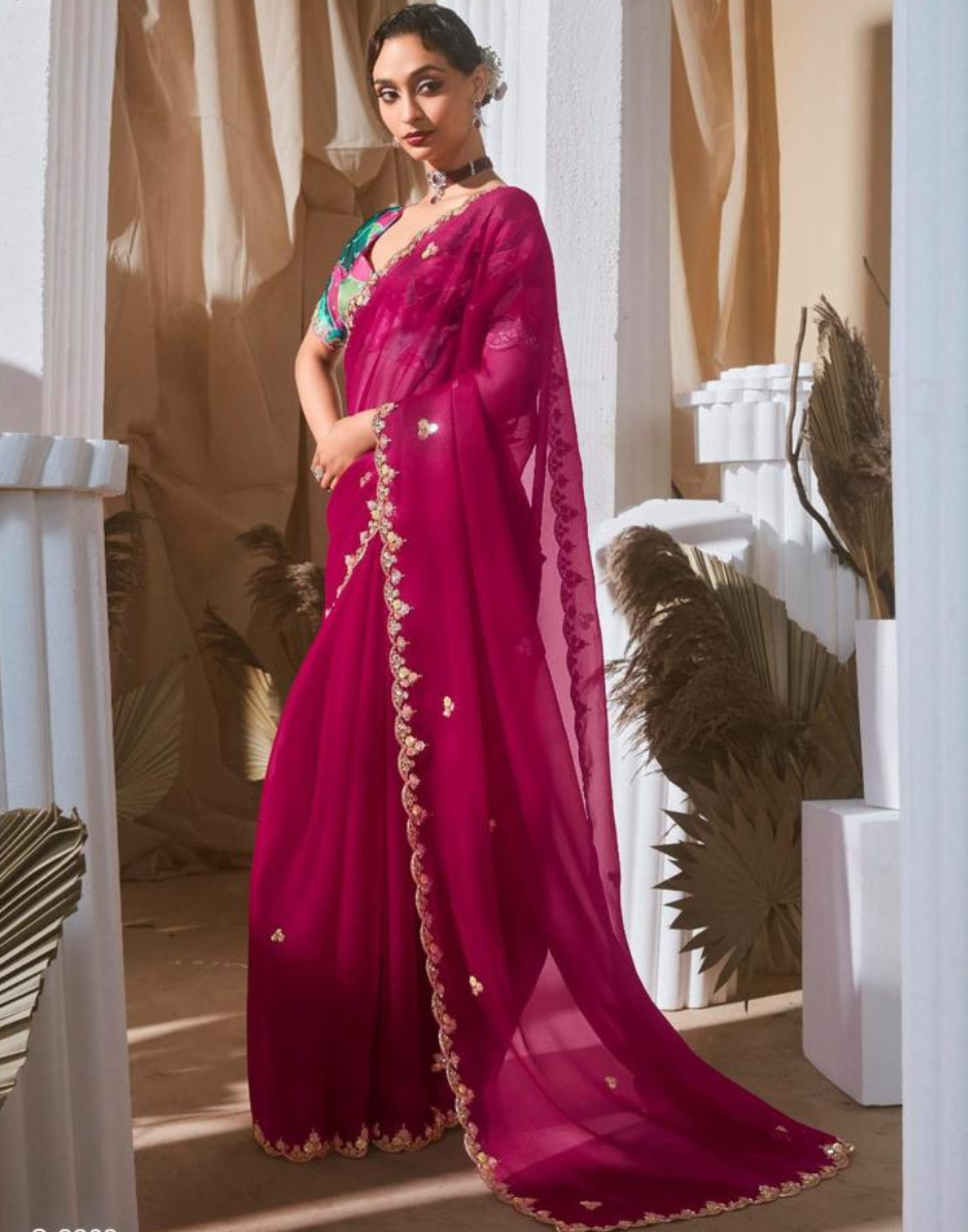 Graceful Embroidered & Embellished Saree with Printed Blouse Elegant Ethnic Ensemble - Buy