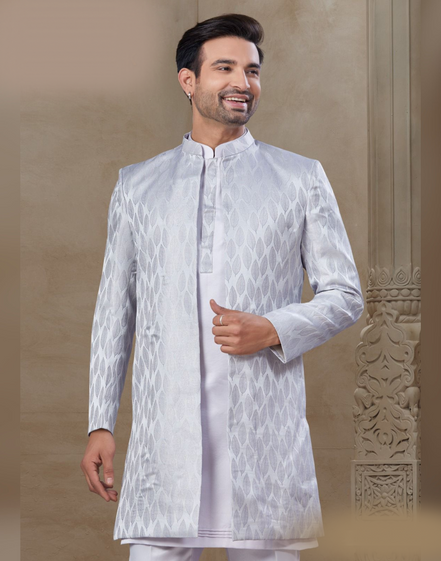 White Floral Kurta Pant Jacket Set for Men Sophisticated Jacquard Silk Attire - Buy