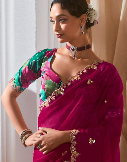 Graceful Embroidered & Embellished Saree with Printed Blouse Elegant Ethnic Ensemble - Buy