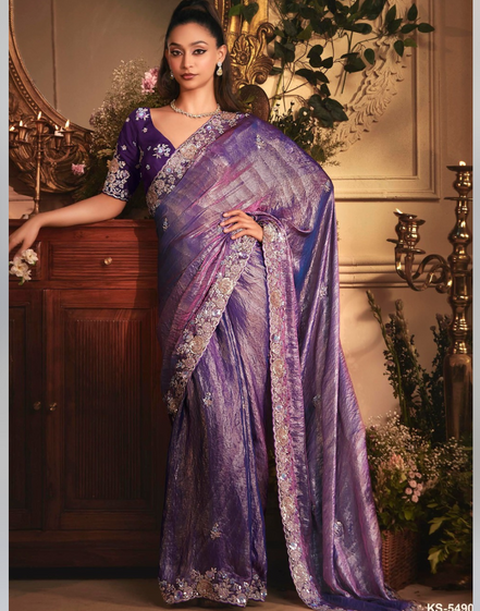 Purple Organza Saree with Heavy Stone Embroidered Border & Designer Butta Work Wedding & Festive Collection - Buy