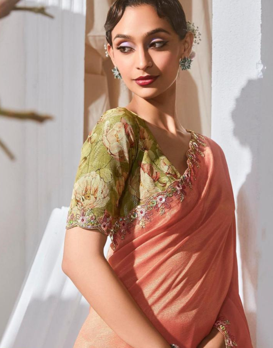 Stylish Lace Saree with Intricate Embroidery and Printed Blouse Bold & Beautiful - Buy