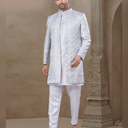 White Floral Kurta Pant Jacket Set for Men Sophisticated Jacquard Silk Attire - Buy