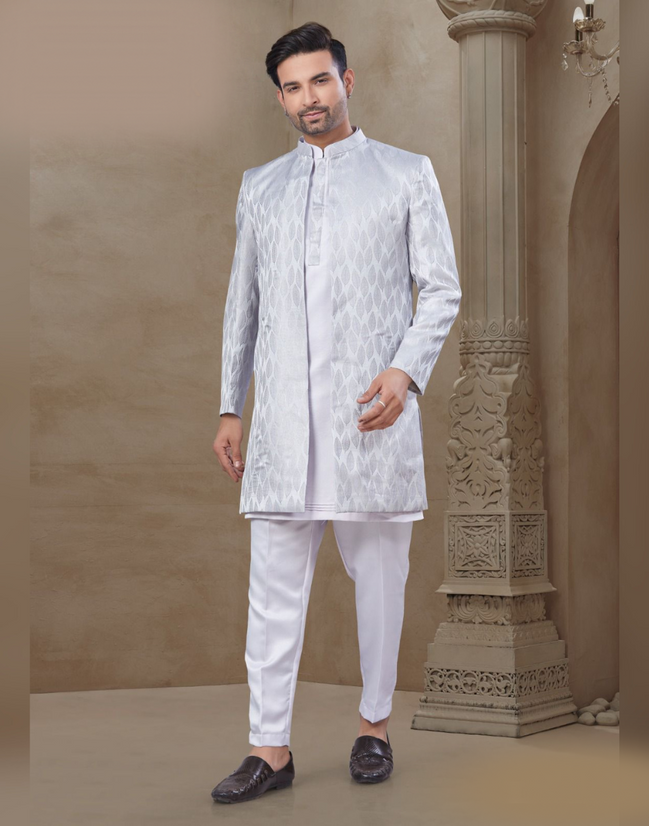 White Floral Kurta Pant Jacket Set for Men Sophisticated Jacquard Silk Attire - Buy