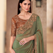 Golden Shine Mehendi Green Saree in Georgette with Elegant Linen Blouse - Buy