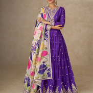 Women’s Embroidered Purple Chinnon Anarkali Outfit with Vibrant Floral Dupatta - Buy